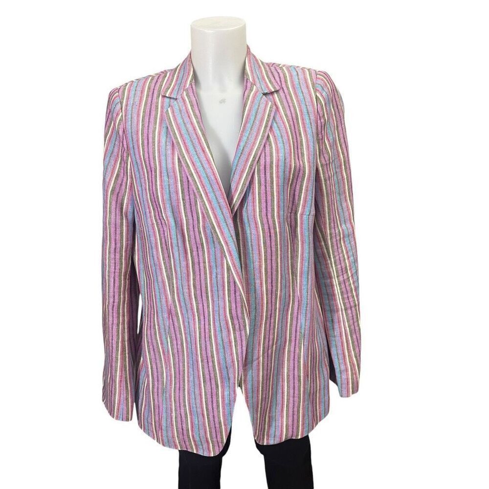 Akris Punto Striped Blue Pink Notched Collar Blazer‎ Jacket 100% Linen sz 12USA